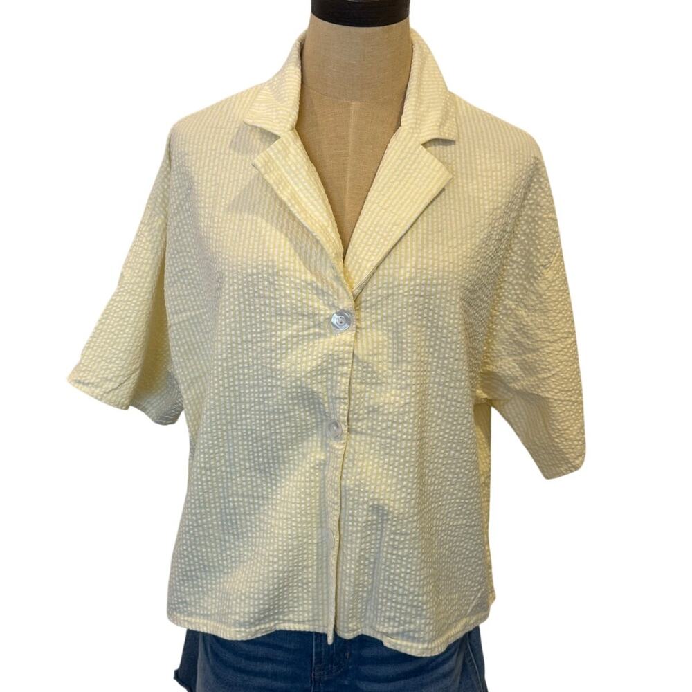 nlt yellow seersucker Button Up Casual Comfy Top Shirt M made in LA